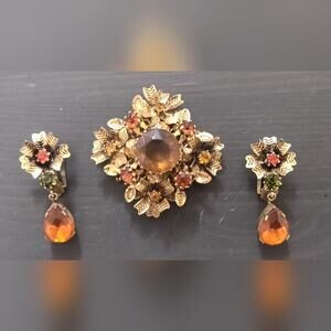 Austrian Rhinestone/Gold Brooch and Earrings